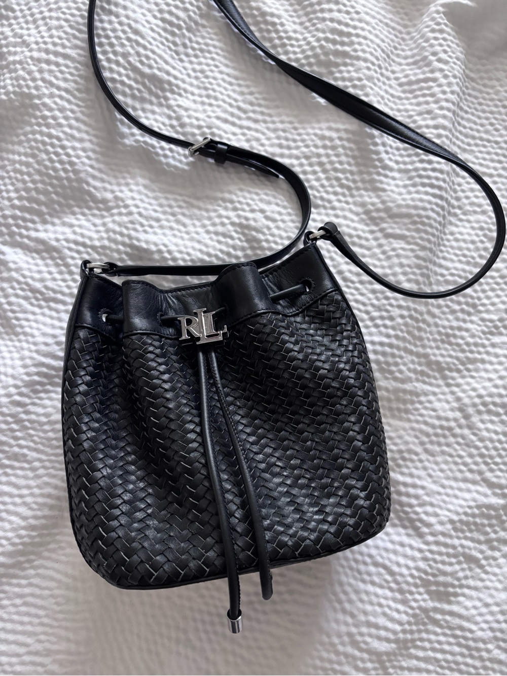 Ralph Lauren Woven Leather Drawstring Bucket Bag